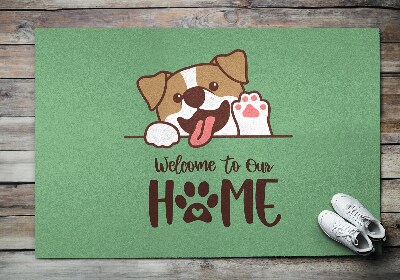 Alfombra para recibidor Welcome to our home Perro sobre fondo verde