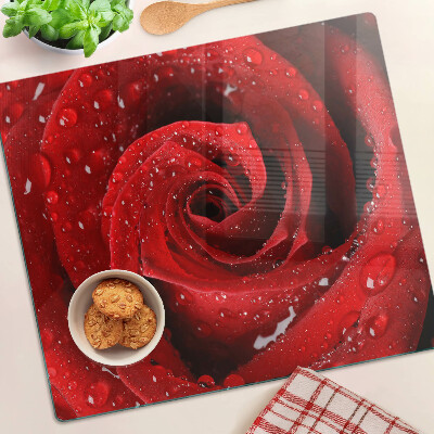 Tabla para cortar Rosa roja con gotas de agua