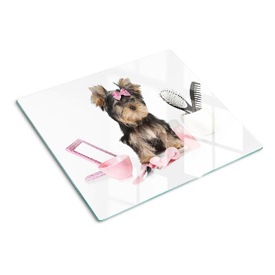 Tabla de cortar de cristal Yorkshire Terrier con accesorios de aseo