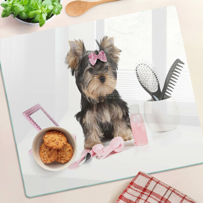 Tabla de cortar de cristal Yorkshire Terrier con accesorios de aseo