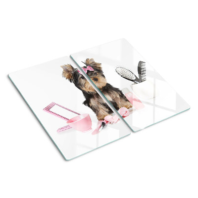 Tabla de cortar de cristal Yorkshire Terrier con accesorios de aseo