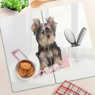 Tabla de cortar de cristal Yorkshire Terrier con accesorios de aseo