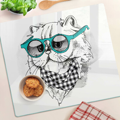 Tabla de cortar de cristal Dibujo de un gato con gafas de sol.