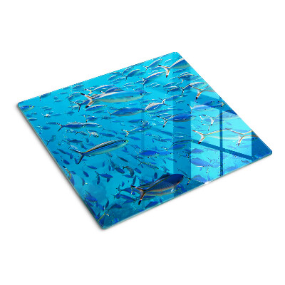 Tabla de cortar de cristal Un banco de peces en agua clara