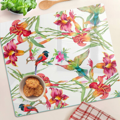 Tabla de cortar de cristal Flores y aves exóticas