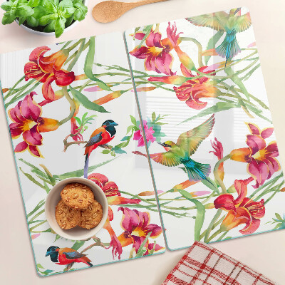 Tabla de cortar de cristal Flores y aves exóticas