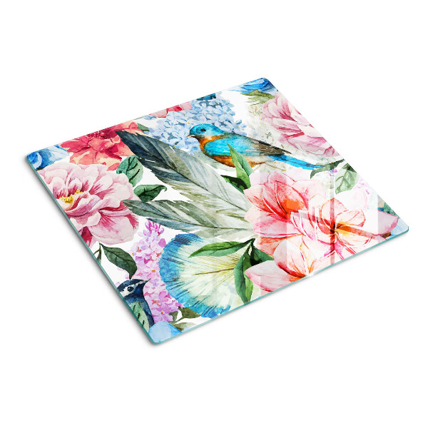 Tabla de cortar de cristal Flores y pájaros en acuarela