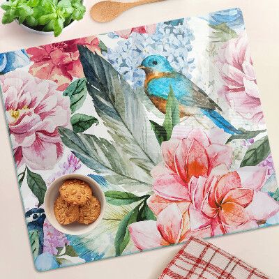 Tabla de cortar de cristal Flores y pájaros en acuarela