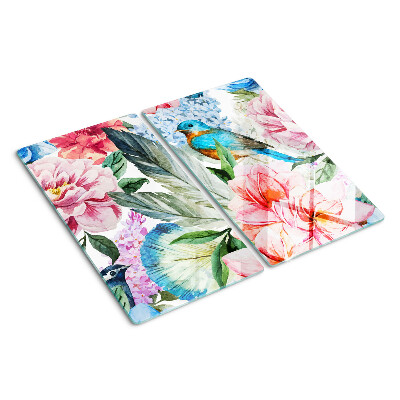 Tabla de cortar de cristal Flores y pájaros en acuarela