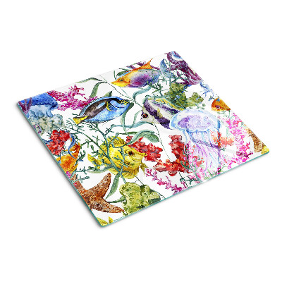 Tabla de cortar de cristal Temática marina con peces y medusas.