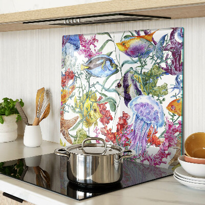 Tabla de cortar de cristal Temática marina con peces y medusas.