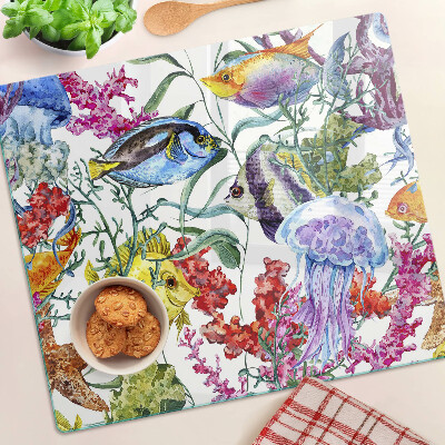 Tabla de cortar de cristal Temática marina con peces y medusas.