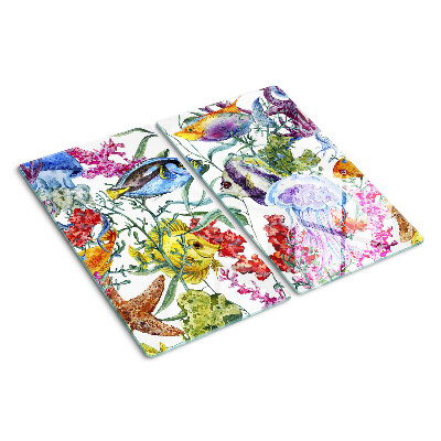 Tabla de cortar de cristal Temática marina con peces y medusas.