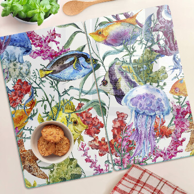 Tabla de cortar de cristal Temática marina con peces y medusas.