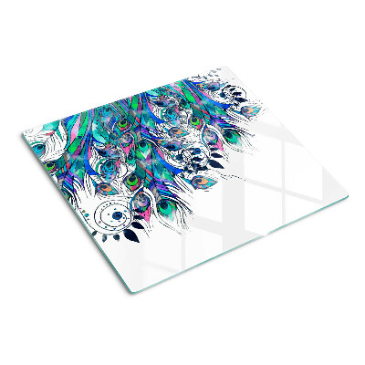 Tabla de cortar de cristal Plumas de pavo real en colores verde y azul.