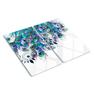Tabla de cortar de cristal Plumas de pavo real en colores verde y azul.