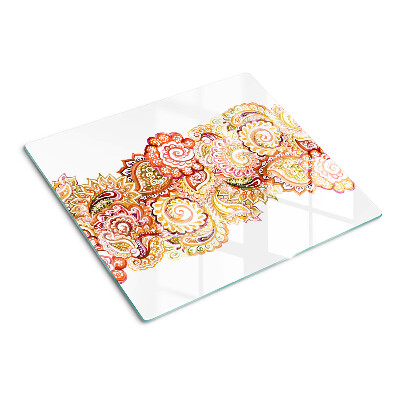 Tabla de cortar de cristal Patrón de cachemira en tonos rojos y dorados.