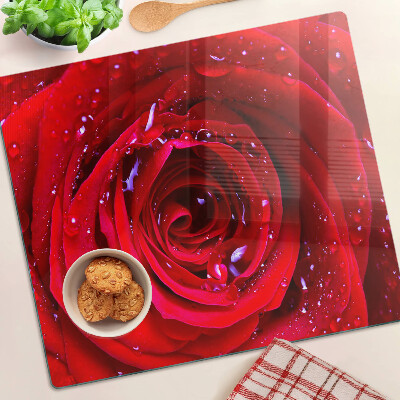 Tabla para cortar Rosa roja con gotas de agua