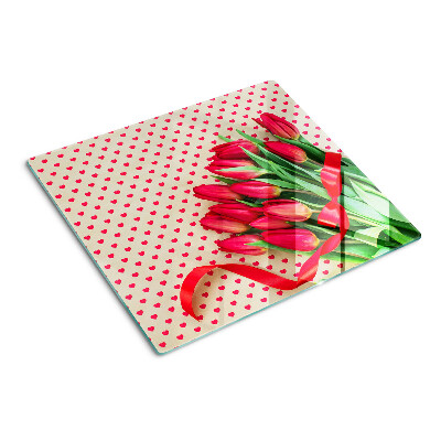 Tabla de cortar de cristal Tulipanes con corazones y cinta