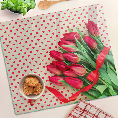 Tabla de cortar de cristal Tulipanes con corazones y cinta
