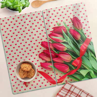 Tabla de cortar de cristal Tulipanes con corazones y cinta