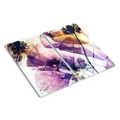 Tabla de cortar de cristal Flores en tonos morados y amarillos.