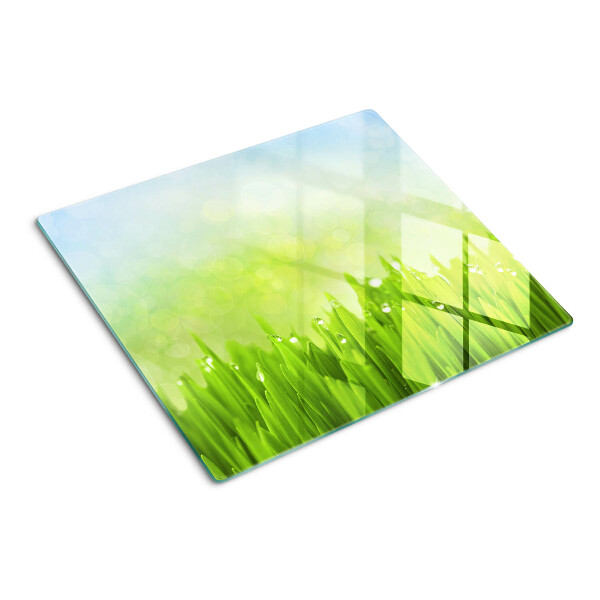 Tabla de cortar de cristal Hierba verde con gotas de agua