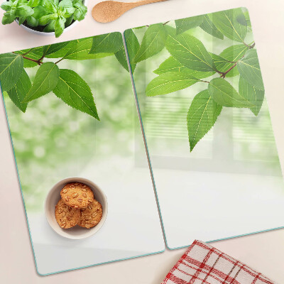 Tabla de cortar de cristal Hojas sobre un fondo verde borroso