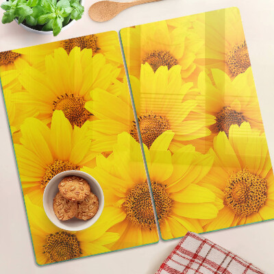 Tabla de cortar de cristal Girasoles sobre un fondo amarillo