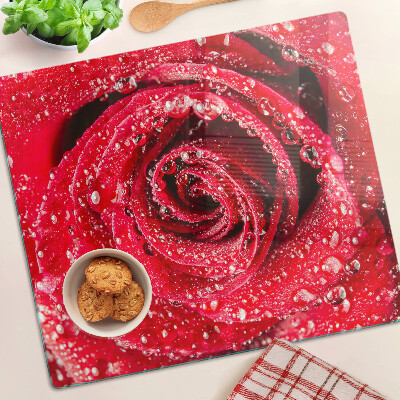 Tabla de cortar de cristal Rosa roja con gotas de agua