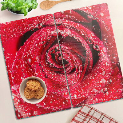Tabla de cortar de cristal Rosa roja con gotas de agua