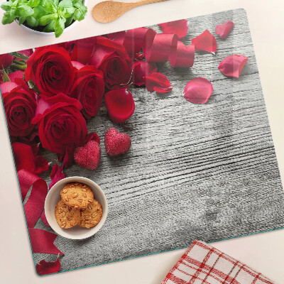 Tabla de cortar de cristal Rosas y pétalos de corazón