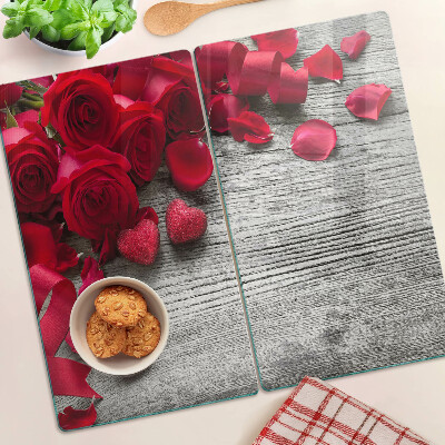 Tabla de cortar de cristal Rosas y pétalos de corazón