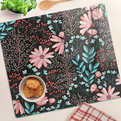 Tabla de cortar de cristal Patrón floral sobre fondo oscuro