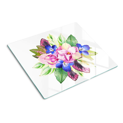 Tabla de cortar de cristal Patrón floral con flores rosas y azules.