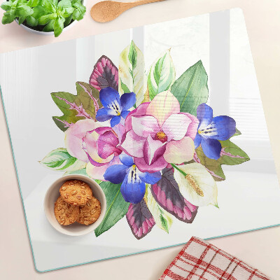Tabla de cortar de cristal Patrón floral con flores rosas y azules.
