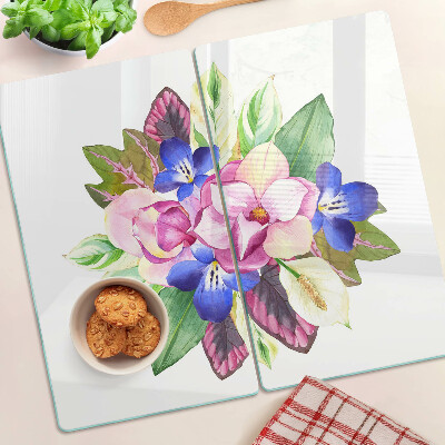 Tabla de cortar de cristal Patrón floral con flores rosas y azules.