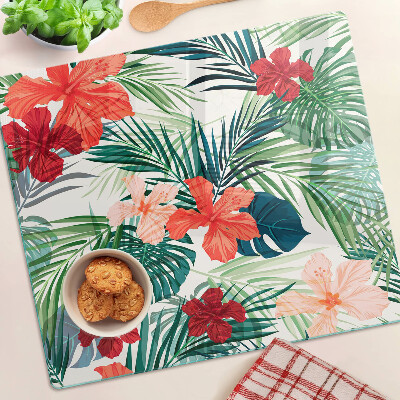 Tabla de cortar de cristal Motivo de planta tropical con flores.