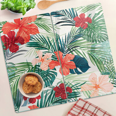 Tabla de cortar de cristal Motivo de planta tropical con flores.