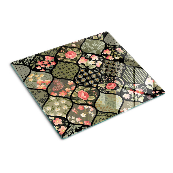 Tabla de cortar de cristal Patchwork floral con patrones geométricos