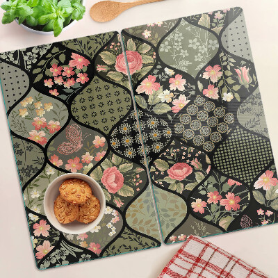 Tabla de cortar de cristal Patchwork floral con patrones geométricos