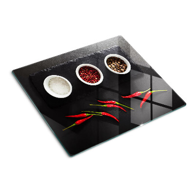 Tabla de cortar de cristal Especias y pimientos rojos