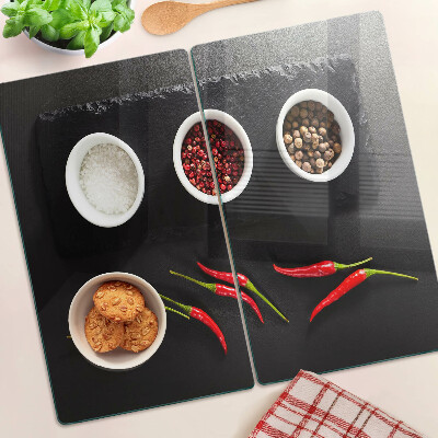Tabla de cortar de cristal Especias y pimientos rojos