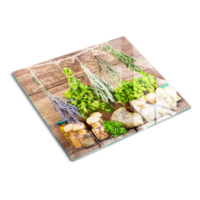 Tabla de cortar de cristal Hierbas y especias en la cocina