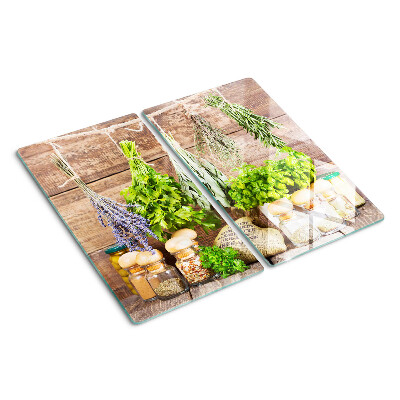 Tabla de cortar de cristal Hierbas y especias en la cocina