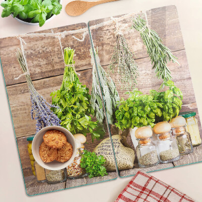 Tabla de cortar de cristal Hierbas y especias en la cocina