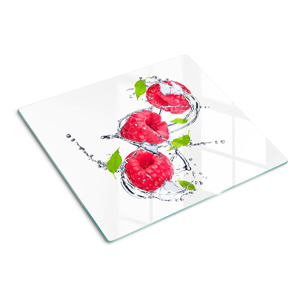 Tabla de cortar de cristal Frambuesas en agua con hojas