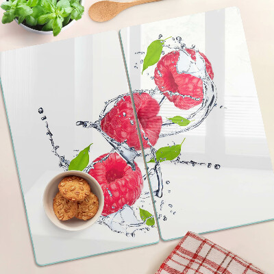 Tabla de cortar de cristal Frambuesas en agua con hojas