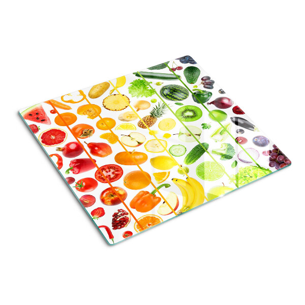 Tabla para cortar Frutas y verduras en colores del arco iris.