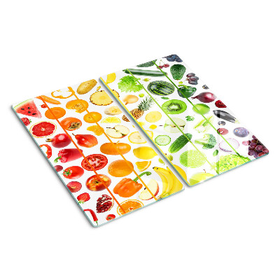 Tabla para cortar Frutas y verduras en colores del arco iris.